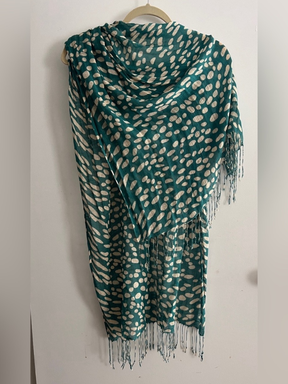 Teal and Cream Patterned Fringe Scarf